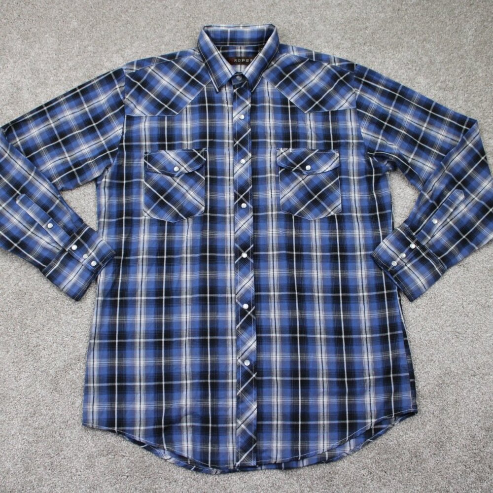 Roper Pearl Snap Shirt Mens Large Plaid Long Sleeve‎ w/ Metallic Stripes
